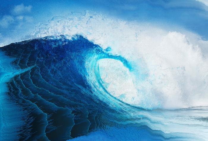 Glitch art wave with cyan and blue waveforms
