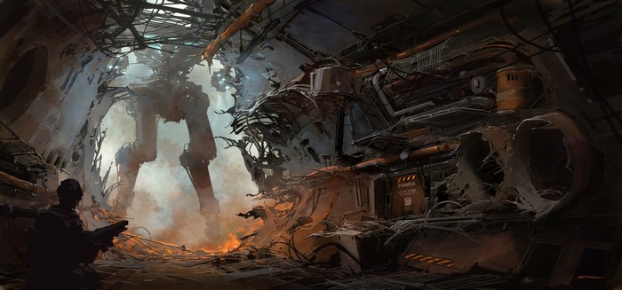 Futuristic artwork of a destroyed mechanical giant and a soldier