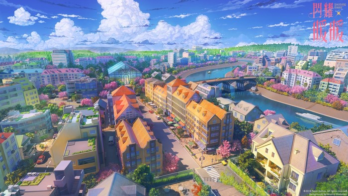 Anime cityscape with cherry blossoms and river