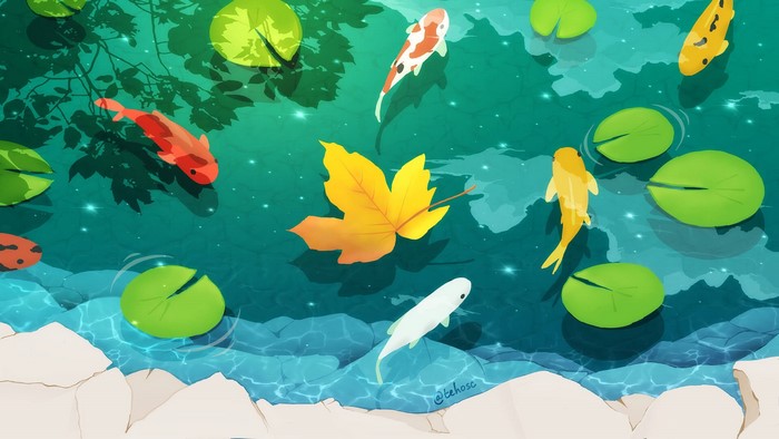 Koi fish swimming in a pond with lily pads and a fallen leaf