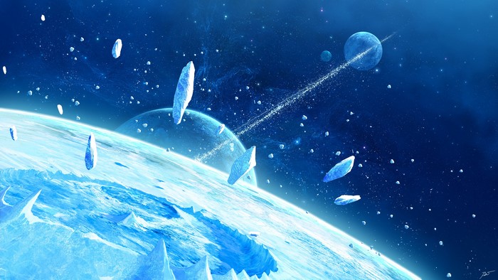 Ice planet and moons in space art by JoeyJazz