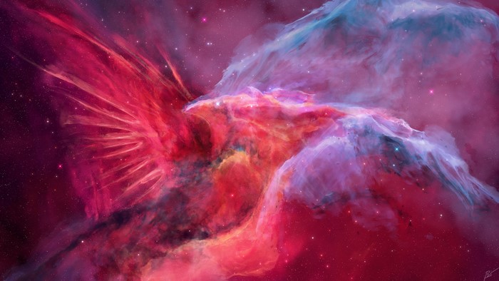 Nebula artwork with red and blue cosmic clouds