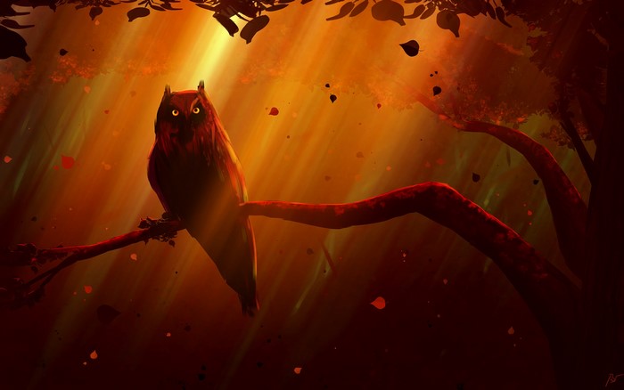 Artwork of an owl perched on a tree branch