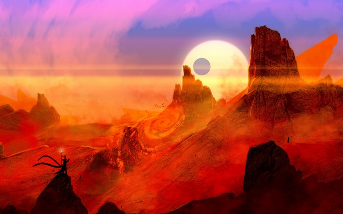 Digital art of a desert landscape with a wizard