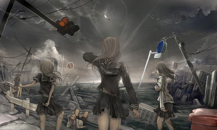 Girls in a flooded, destroyed city