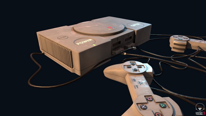 Sony PlayStation console with controllers