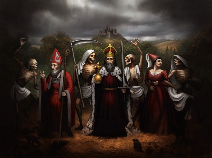 Artwork depicting the Dance of Death with skeletons, a king, and a bishop