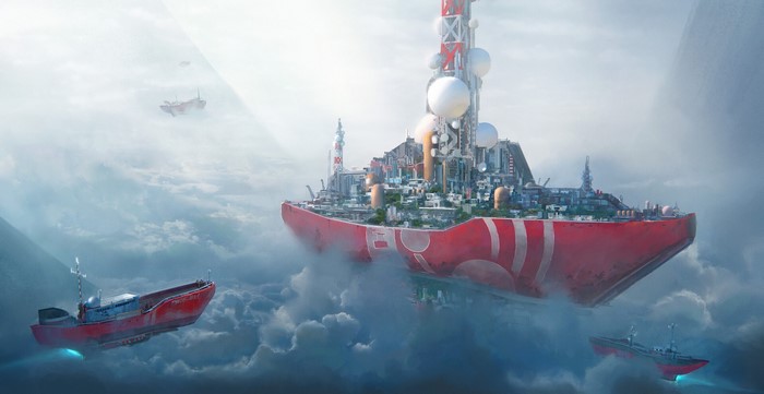 Futuristic floating city with vehicles in the sky