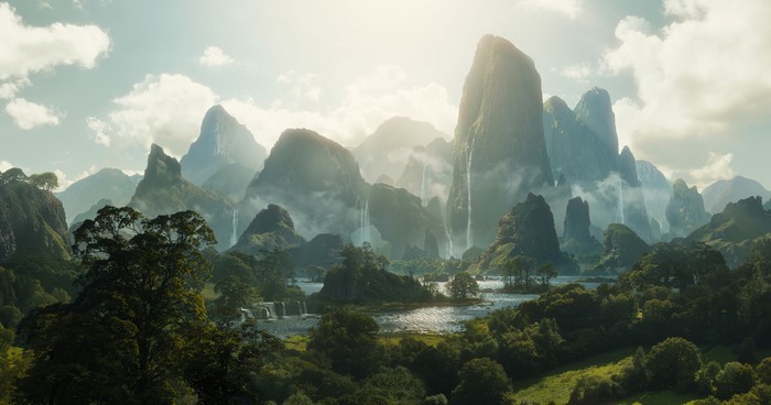 Fantasy landscape with mountains and waterfalls