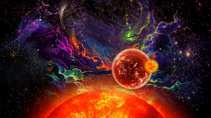 Colorful nebula with planets and a sun