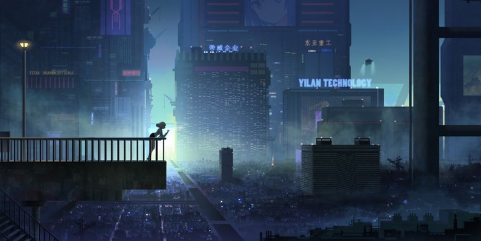 Anime girl on balcony overlooking futuristic cyberpunk city