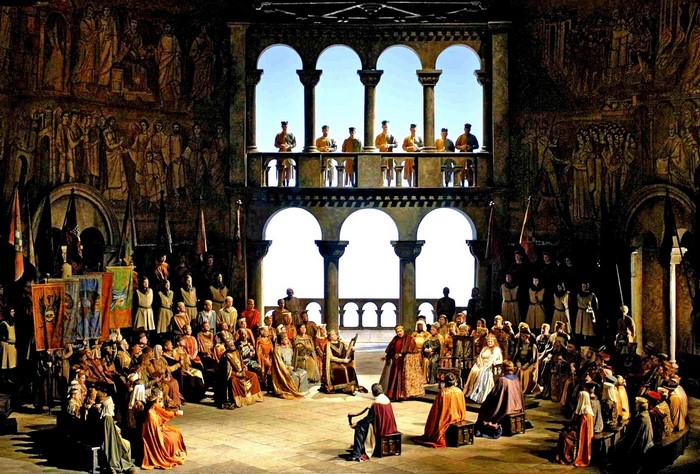 Medieval Opera Scene with Audience and Performers
