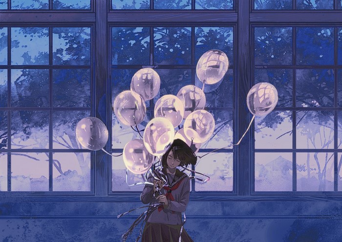 Anime girl with balloons in front of a window