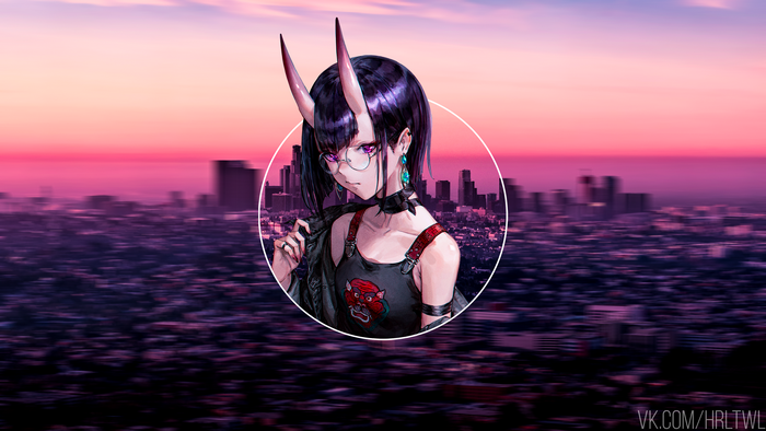 Anime girl with horns and glasses in a city at sunset