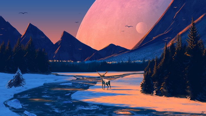 Deer in a snowy mountain landscape with planets