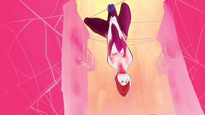 Ghost Spider from Marvel Comics hanging upside down