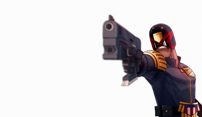 Judge Dredd holding a gun