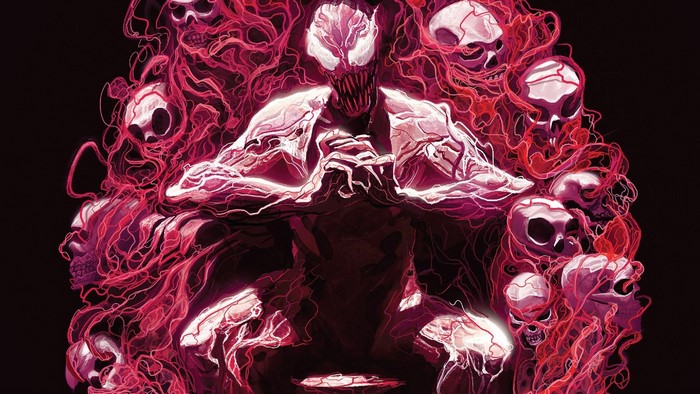 Carnage from Marvel Comics surrounded by skulls