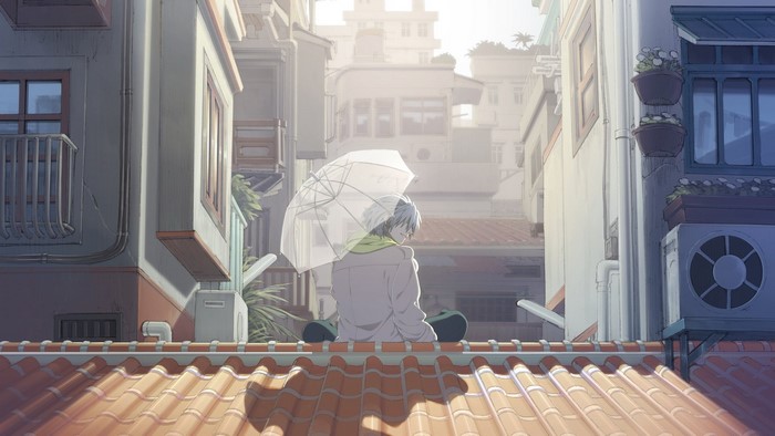 Anime boy with umbrella on city rooftops