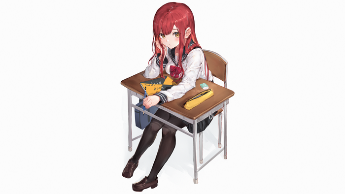 Anime girl with red hair sitting at a school desk