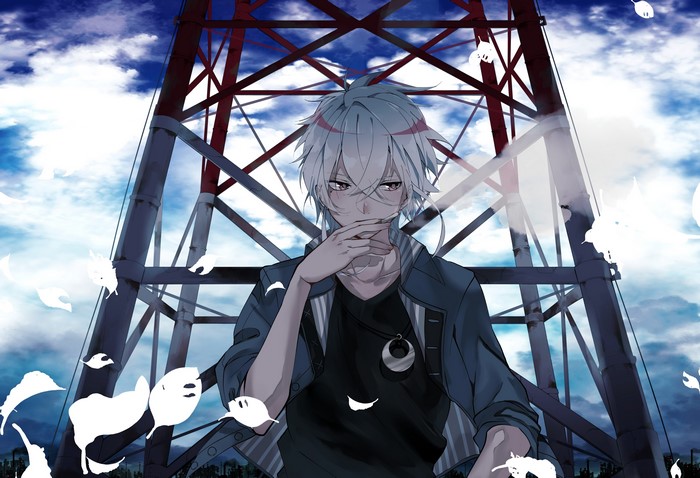 Anime boy with white hair in front of a tower