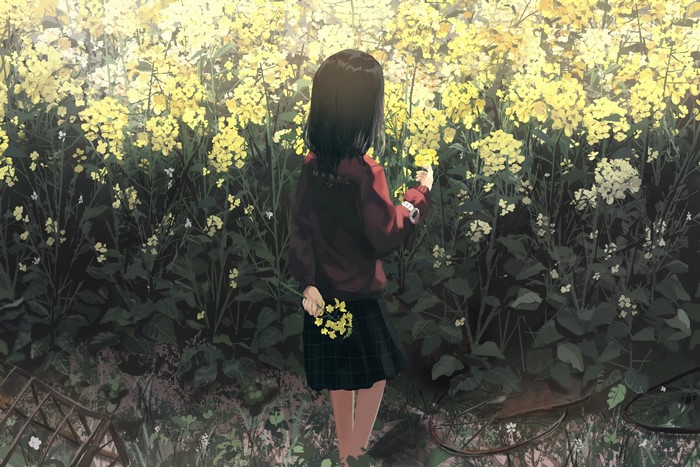 Anime girl in a field of yellow flowers