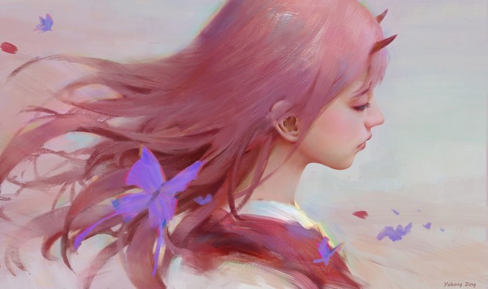 Zero Two from Darling in the FranXX with pink hair and butterflies
