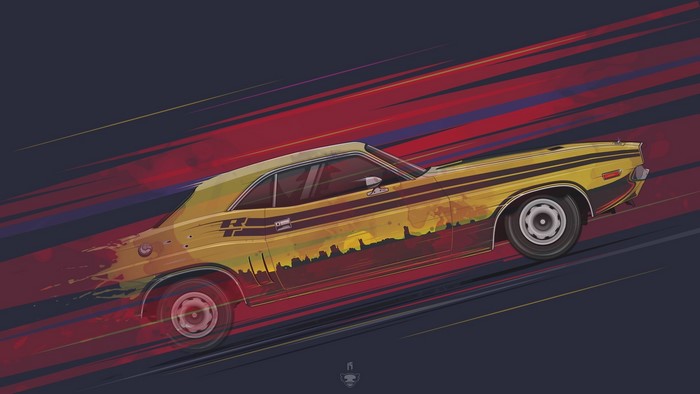 Yellow Dodge Challenger RT artwork with city skyline
