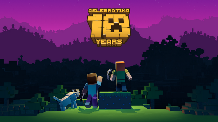 Minecraft 18 Years celebration with Steve, Alex, and dog