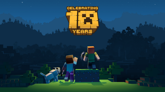 Minecraft celebrating 18 years with characters and dog