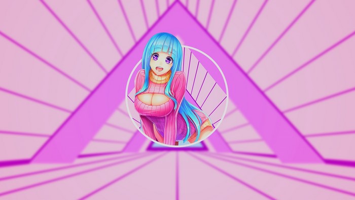 Anime girl with blue hair in a pink sweater