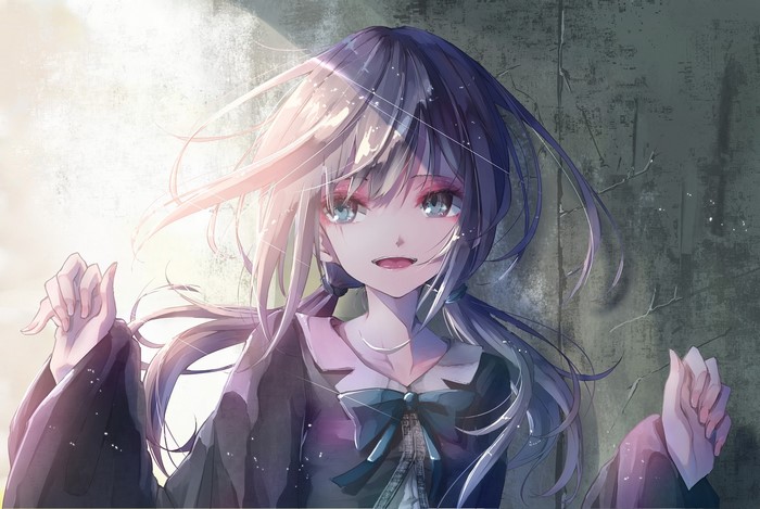 Anime girl with purple hair and blue eyes