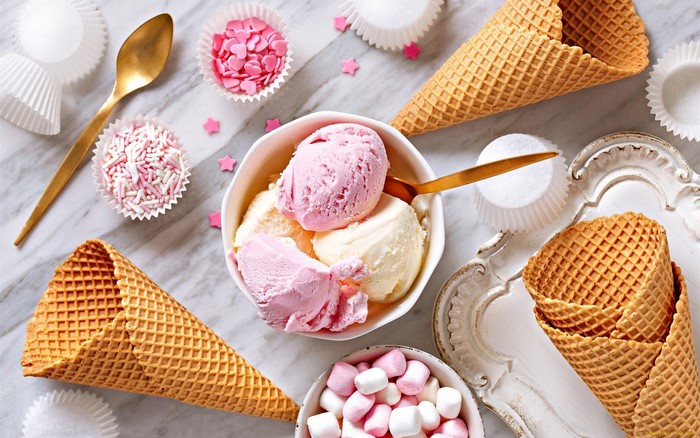 Ice cream, waffles, sprinkles, and marshmallows