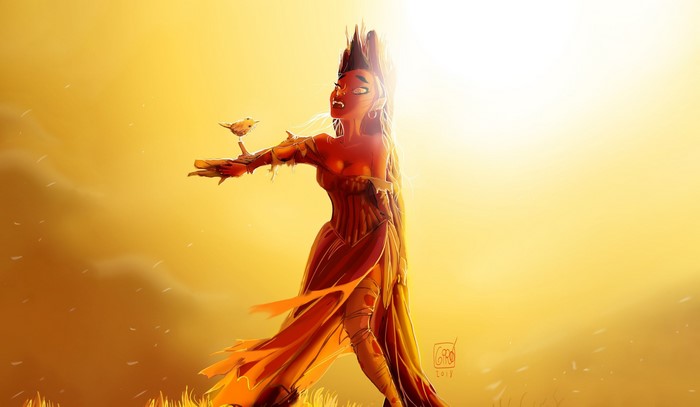Fantasy girl with a bird in a yellow landscape