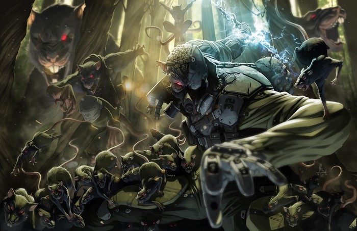 Mutant rat creatures attacking a cyborg in a forest