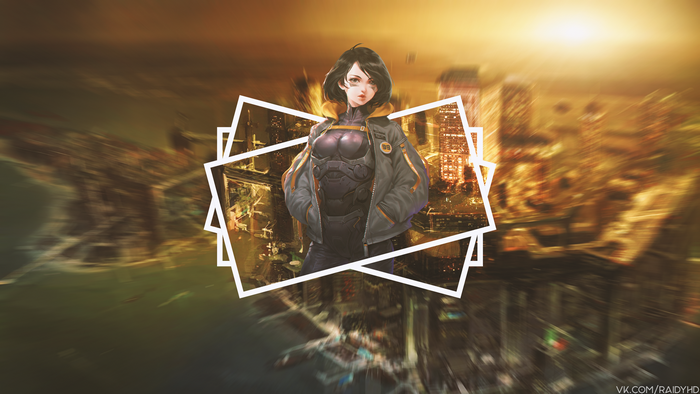 Anime girl in futuristic outfit with city background