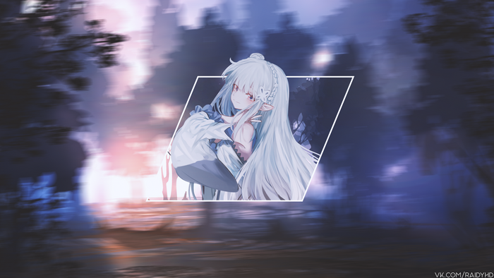 Anime girl with white hair and blue dress