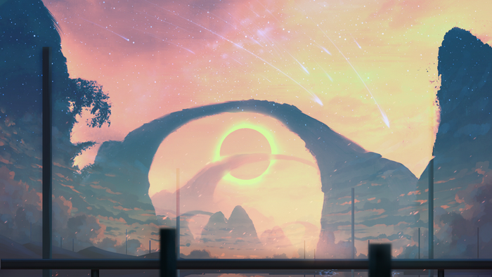 Artwork of a surreal landscape with an eclipse and shooting stars