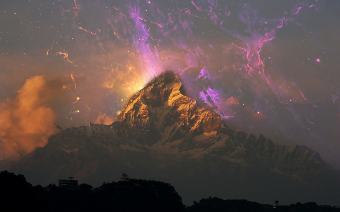 Mountain peak with nebula and stars