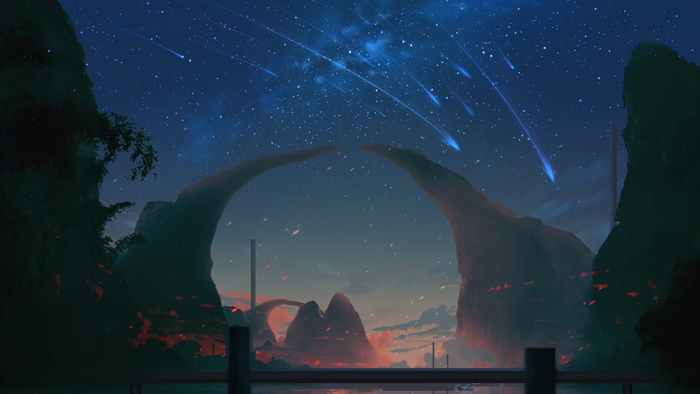 Digital artwork of a night sky with shooting stars over mountains