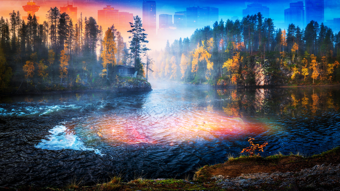 Digital art landscape of a forest and cityscape