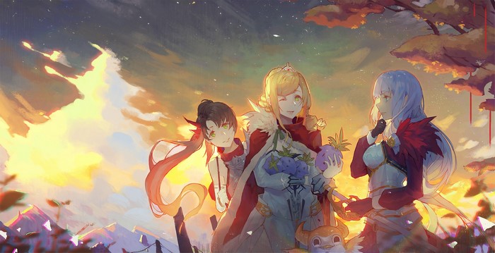 Three anime girls in a field at sunset