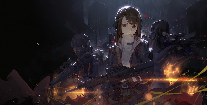 Anime girls in military gear with guns