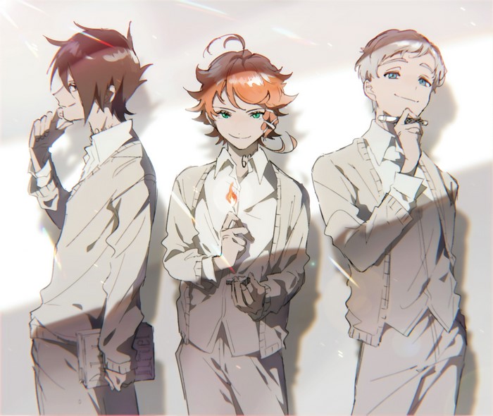The Promised Neverland characters with a candle and pen