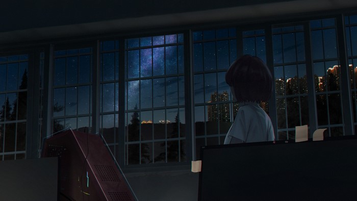 Girl looking out window at night sky and city