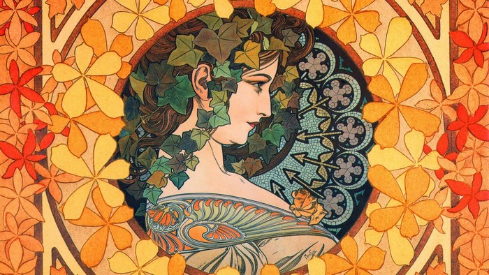 Woman with ivy crown and floral border by Alphonse Mucha