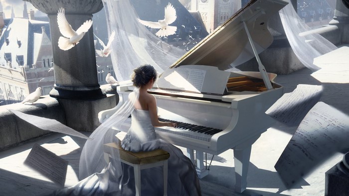 Woman in white dress playing piano with doves flying