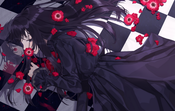 Anime girl with black hair and red flowers lying down