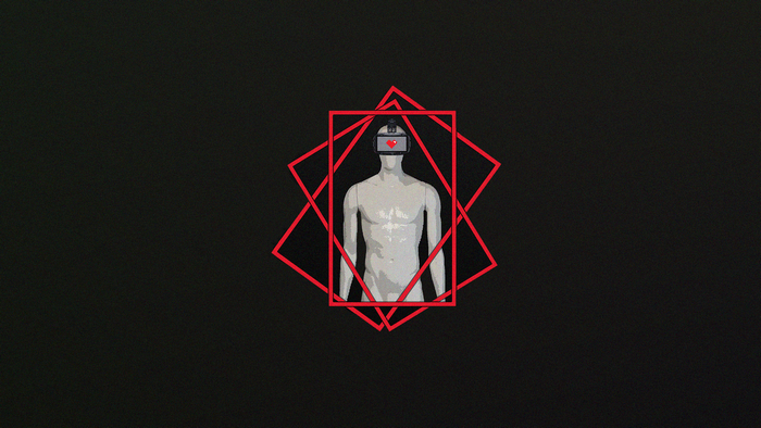 Mannequin with VR headset and geometric shapes