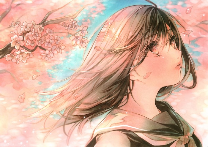 Anime girl with long hair and cherry blossoms